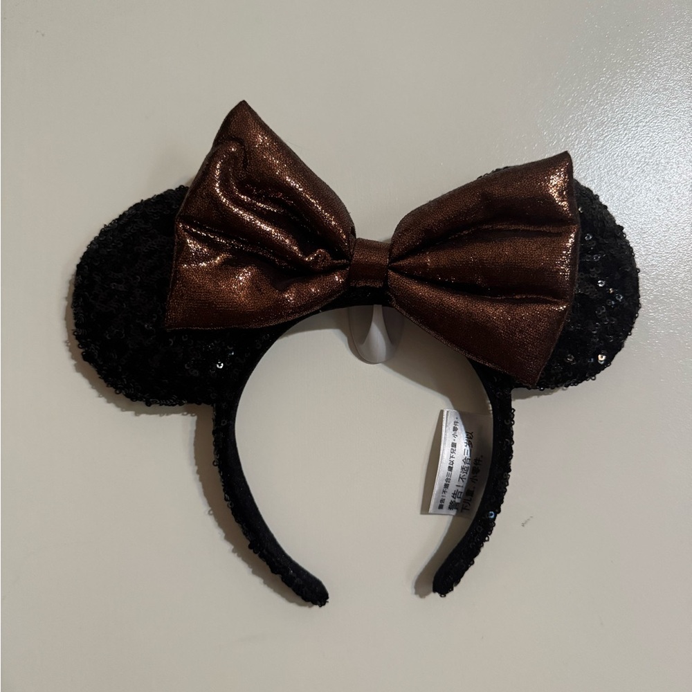 Disney Parks Black Sequin Ears with Brown Bow Ears